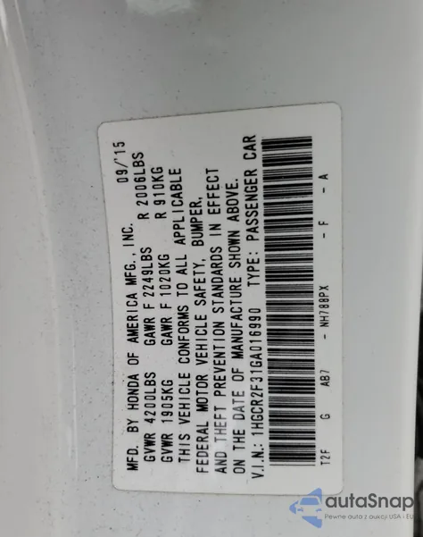 2016 Honda Accord Lx from USA, damaged, VIN 1HGCR2F31GA016990